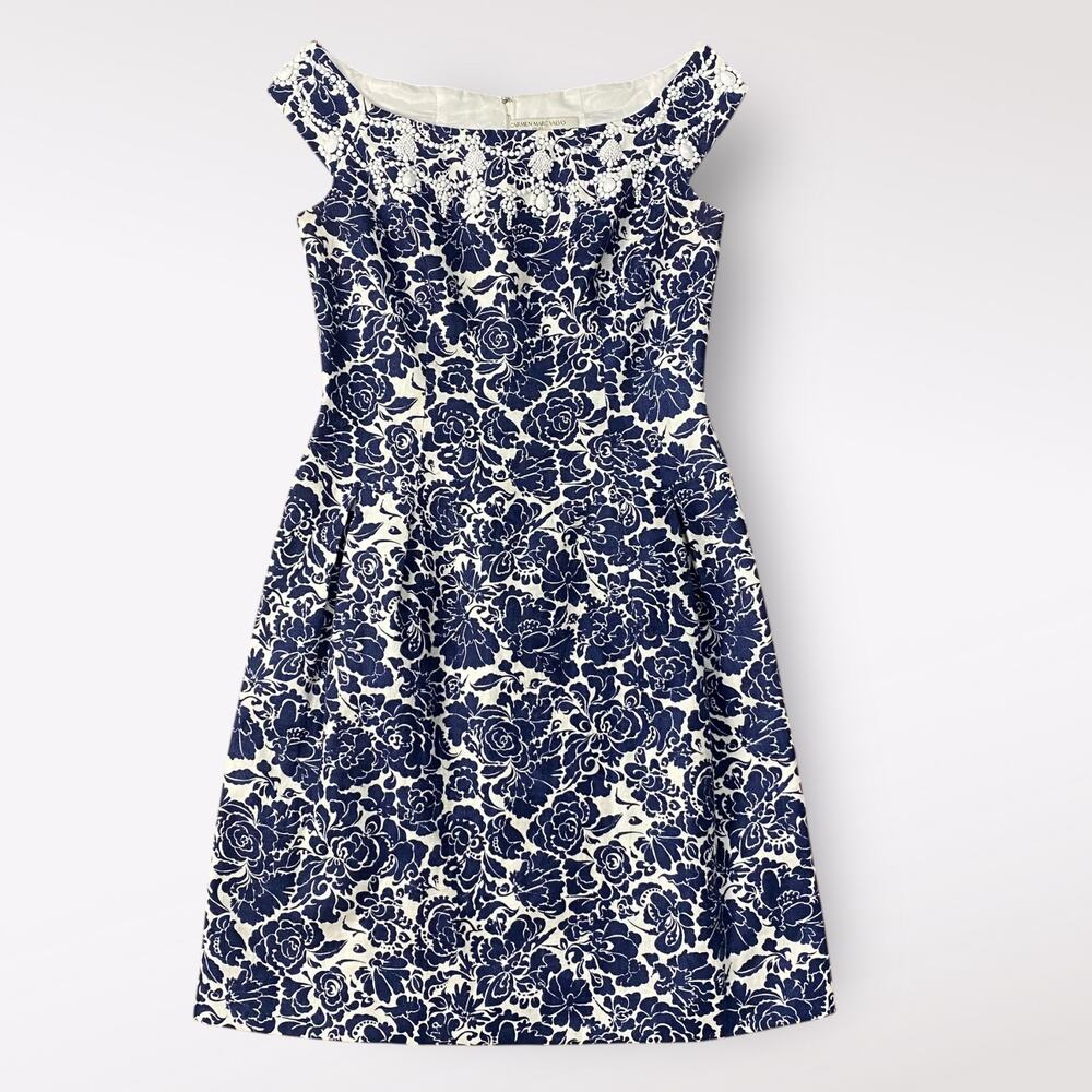 Carmen Marc Valvo Blue Floral Beaded Boatneck Linen  Mini Dress Size 8 Guest‎